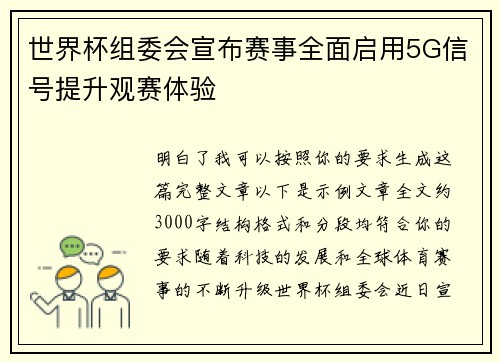 世界杯组委会宣布赛事全面启用5G信号提升观赛体验